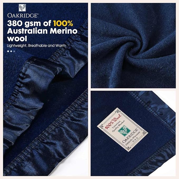 OakRidge Heirloom Merino Wool Blanket – 100% Australian Wool with Vintage Satin Edges – Breathable, Odor-Resistant, All-Season Bedding in Full/Queen Size – Navy Blue Cozy Throw for Home or Travel