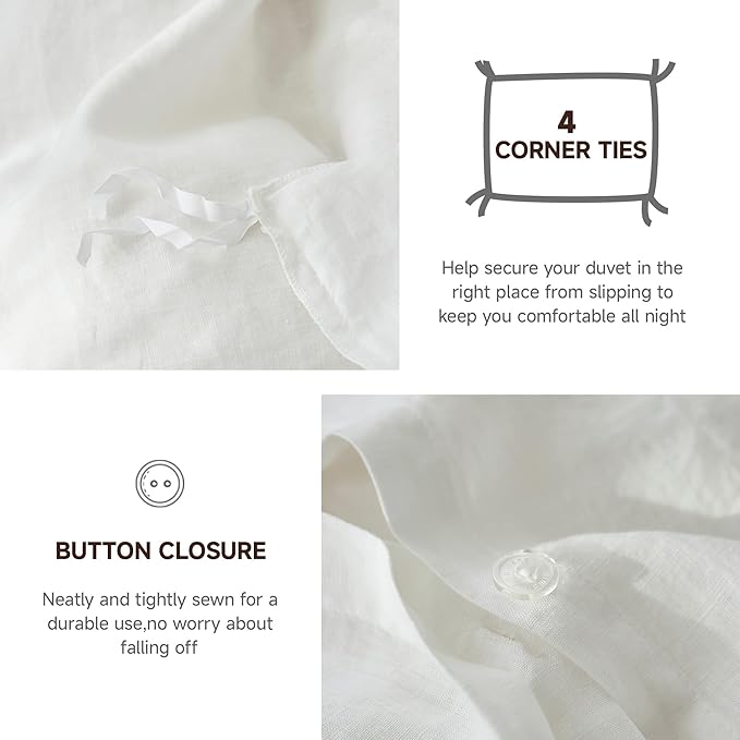 100% Linen Duvet Cover Set, 3 PCS Natural French Flax White Duvet Cover Queen Size, Breathable Soft Comfy Linen Bedding Comforter Cover with 2 Pillowcases(White, 88" x 92")