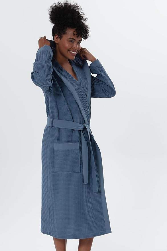 SEYANTE Women's Organic Cotton Waffle Kimono, Hooded Robe – GOTS Certified Lightweight Full-Length Spa Bathrobe with Piping