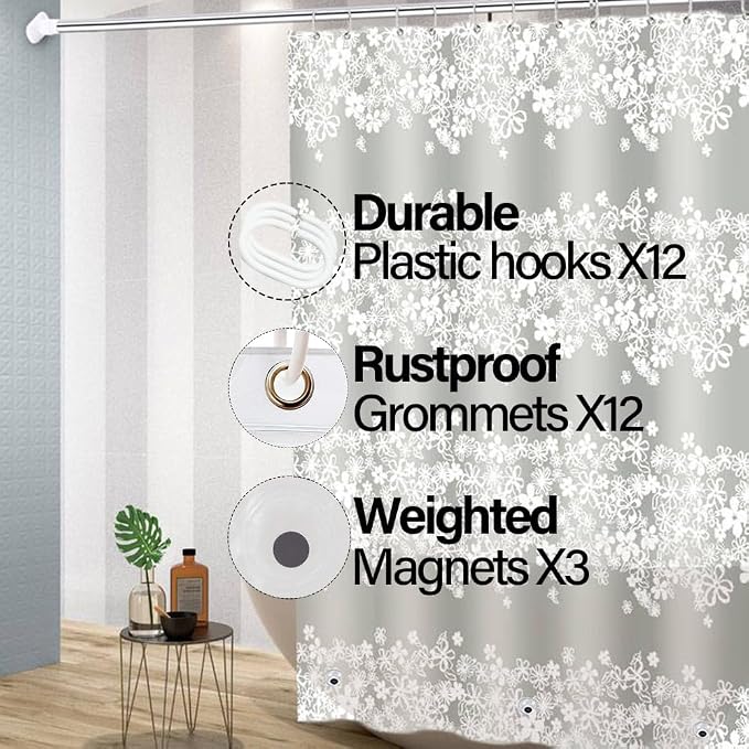Plastic Shower Liner - Premium PEVA 4G Shower Curtain Liner with Rustproof Grommets and 3 Weighted Magnets, Waterproof Shower Curtains for Bathroom (White Flower)