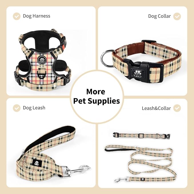 NESTROAD Dog Collar and Leash Set,Soft Neoprene Pet Collar with Quick Release Buckle,Adjustable Nylon Dog Collars for Small Medium Large Dogs(Small,Cherecked Beige)