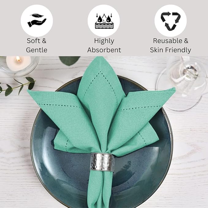 Hemstitch Dinner Napkins 100% Cotton Set of 12 - for Dining Weddings Parties Holidays Easter Everyday Use - Soft Durable Washable Table Napkins - 18x18 Inch Cloth Napkins Turquoise Blue