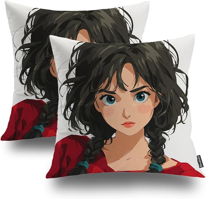 Shrahala Animated Youthful Decorative Throw Pillow Cover, Braided Hair Vivid Eyes Square Pillowcase Blended Double-Sided No Inserts for Bedroom Living Room Set of 2 (26 X 26 in)