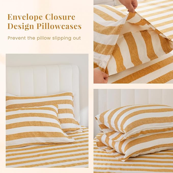 S VICTORY SYMBOL 100% Organic Linen Duvet Cover Set 3pcs,Yellow Stripe Yarn Dyed Pattern Farmhouse Bedding Set,French Natural Flax Comforter Cover Set King Size