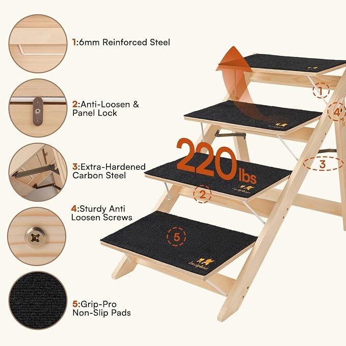 Luciphia Wooden 2-in-1 Dog Stairs, 3-Step Foldable Anti-Slip Pet Steps