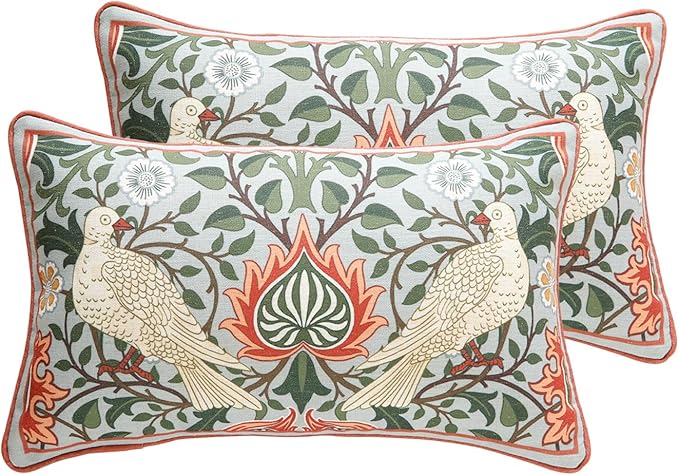 ISAENNE Designer William Morris Rectangular Throw Pillow Covers 12x20 Pack of 2,Vintage Floral Birds Cushion Cases, Decorative Linen Pillow Covers for Sofa Couch Bedroom Living Room Outdoor