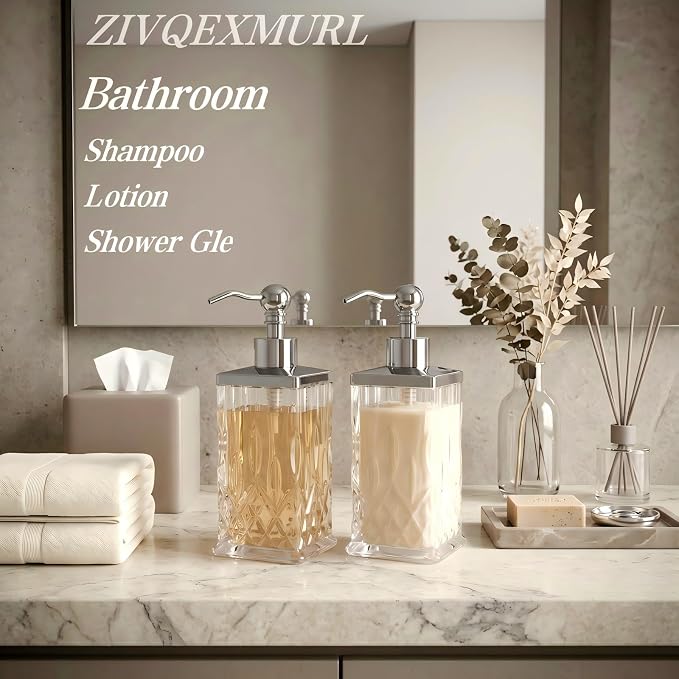 2 Pack 10 Oz Glass Soap Dispenser with Rust Proof Stainless Steel Pump,Clear Square Textured Refillable Hand Soap Dispenser with Vertical Fluting for Lotion,Hand Soap, Body Wash for Kitchen & Bathroom
