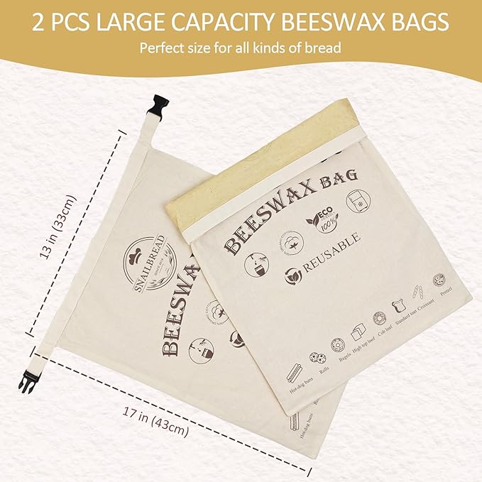Reusable Beeswax Bread Bags for Sourdough: XL Eco-Friendly Fresh Food Storage (13x17in, 2 Pack) | Moisture Lock, Sustainable Homemade Bread Preservation