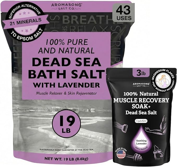 Aromasong 19 lb Natural Lavender Dead Sea Salt + 3 lb Aromasong Muscle Recovery Bath Soak Bundle – Ultimate Relaxation & Muscle Relief with Pure Minerals, Magnesium & OptiMSM