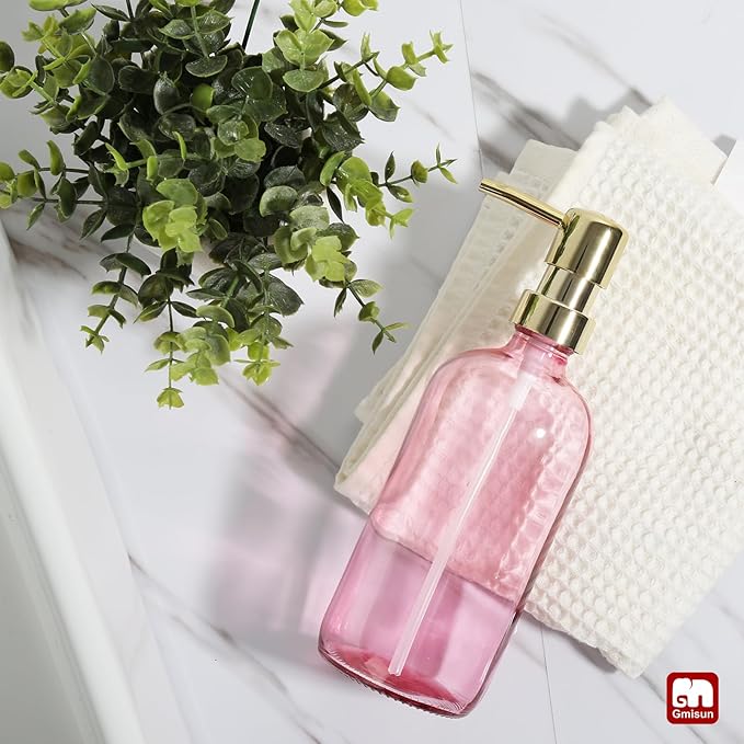 GMISUN Pink Soap Dispenser Bathroom, 1 Pack Glass Dish Soap Dispensers for Kitchen with Rustproof Plastic Gold Pump, 17 Fl Oz Bathroom Hand Soap Dispenser, Modern Liquid Dishwashing Dispensers Bottle