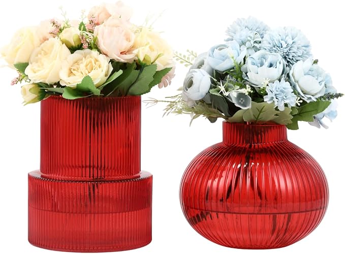 Ribbed Glass Vases, Set of 2 Fluted Vases for Flowers, Red Glass Vase for Tulips, Modern Vase for Living Room, Kitchen, Office, Entryway, Mantle, Bookshelf, Wedding Gifts, Birthday