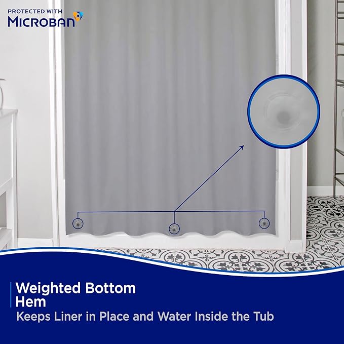 Kenney - Microban PEVA Shower Curtain Liner, Waterproof Medium-Weight 4.8 Gauge Design with Rust-Resistant Metal Grommets and Weighted Magnetic Hem, 70" x 72", Gray