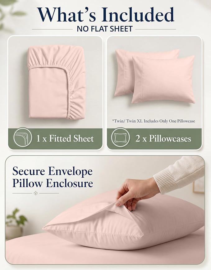 LANE LINEN 100% Organic Cotton Full Fitted Sheet & Pillowcases (No Flat Sheet) - Soft & Breathable Percale Weave Set - Hotel Quality Crispness - 15'' Deep Pocket - GOTS Certified - Sepia Rose