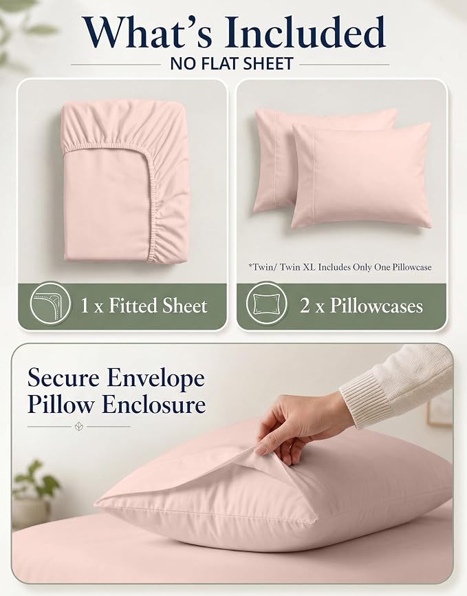 Lane Linen Twin XL Fitted Sheet, 100% Organic Cotton 2-Piece Set (1 Fitted Sheet, 1 Pillowcase), Percale Weave, Bottom Sheet, Soft, Breathable, Fits Mattress Upto 15" Deep - Sepia Rose (No Flat Sheet)