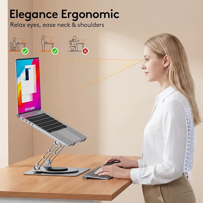 TECKNET Laptop Stand for Desk - 360° Rotating Base, Ergonomic Foldable Computer Stand for Laptop Riser, Height Adjustable, Compatible with MacBook Pro, Dell XPS, HP, and All Laptops 10-17" (Silver)
