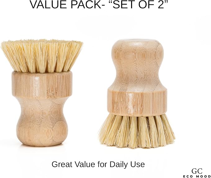 Bamboo Dish Brush 2-Pack – Natural Sisal Bristles, Eco-Friendly Kitchen Cleaning Brush, Wooden Scrubber for Dishes, Pots & Pans