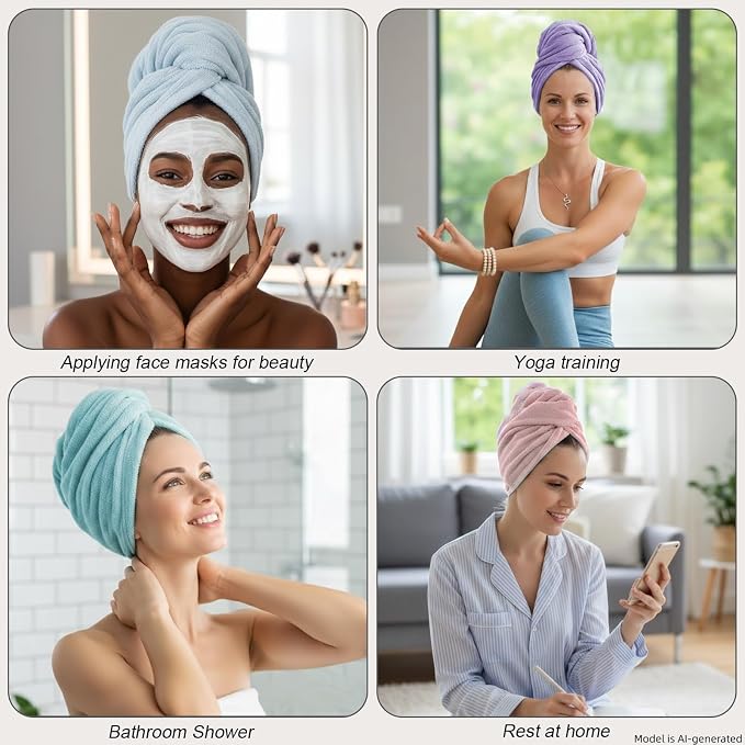 3 Pack Microfiber Hair Towel Wrap for Women, Fast Drying Hair Turban with Button, Anti-Frizz Large Hair Towel for All Hair Styles, Soft & Absorbent Hair Drying Towel