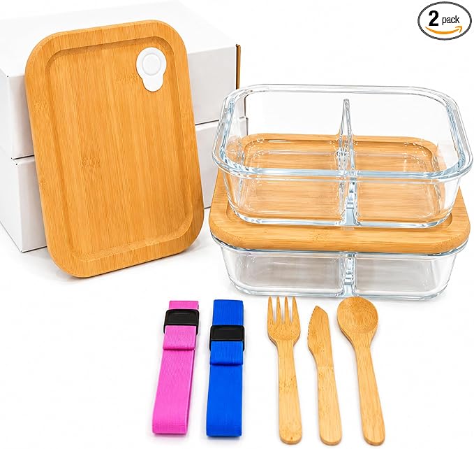 Glass Food Storage Containers with Bamboo Lids, Airtight Containers, Non Toxic Food Storage, Eco Friendly Fridge Storage Containers (2 Count)