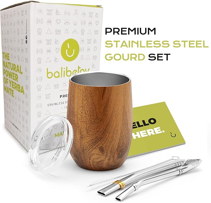 BALIBETOV 5-Piece Large Yerba Mate Cup and Bombilla Kit – Yerba Mate Gourd with Lid, 2 Bombilla Mate Straws, Cleaning Brush, Double-Wall Stainless Steel Mate Cup Set