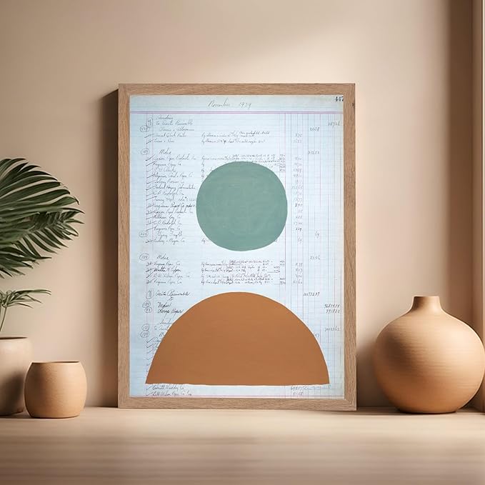 Monem Art Vintage Ledger Abstract Geometric Print - Modernist Teal and Ochre Art Poster - Wall Decor for Office, Living Room or Studio - 16x20 Beige Framed Wall Art by Renee Stramel