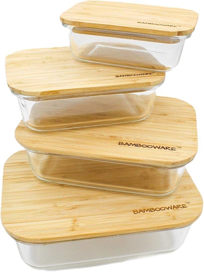 Bambooware Glass Containers with Lids | Non Plastic Glassware Set - Natural Raw Organic Wooden Bamboo Lids | Set of 4 | Reusable, BPA Free | Perfect for Meal Prep, Lunch, Leftovers, Kitchen