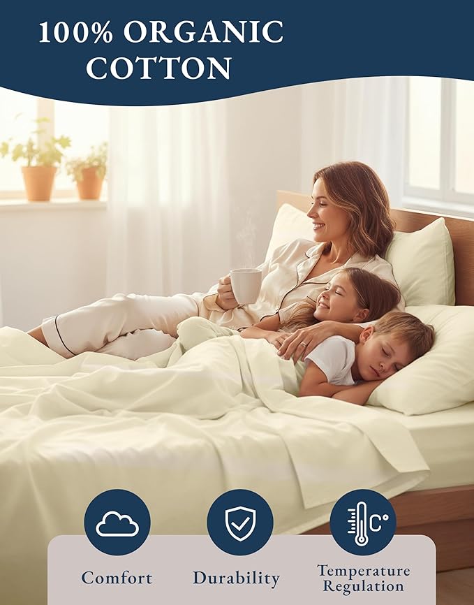 LANE LINEN 100% Organic Cotton Twin Bed Sheet Set, 3 Pc Twin Size Bed Sheets, Soft & Breathable Twin Sheet Set Boys, Hotel Style Bedding Sheets & Pillowcases, 15" Deep Fitted Sheet - Natural