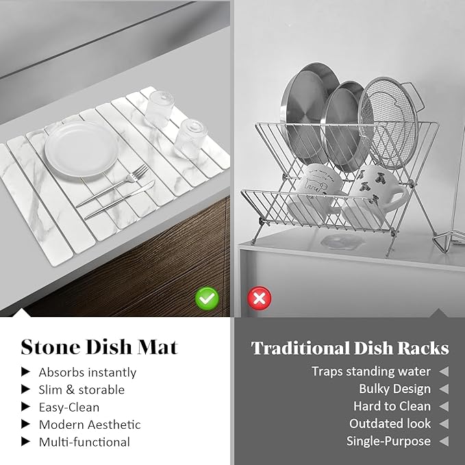 Large Stone Dish Drying Mat for Kitchen Counter, Quick Dry Dish Drying Mats, Foldable Absorbent Diatomaceous Earth Mats for Dishes Bottles Cups, Match Any Countertop (White Marble 24"×16" & 8"x4")