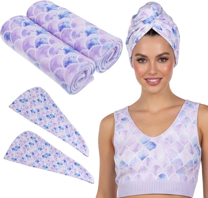 2 Pcs Microfiber Hair Towel Wrap for Women Girl Soft Absorbent Fast Drying Turbans Anti-Frizz Hair Wrap Towels with Elastic Strap for Long Short Curly Thick Wet Hair
