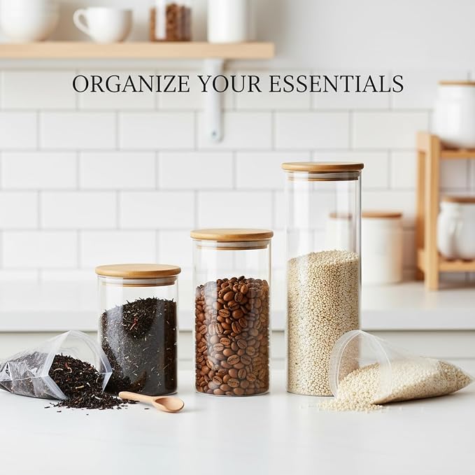 Borosilicate Glass Storage Jars with Bamboo Lids, Clear Kitchen Canisters for Pantry Organization of Dry Goods, Coffee, Tea, and Grains