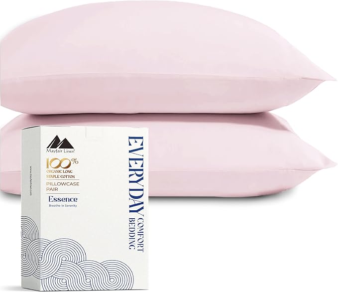 Mayfair Linen 100% Organic Cotton King Size Pillow Cases Set of 2 - Soft Hotel Quality Covers for King Size Pillows (Blush), Authentic GOTS Certified, Crisp, Cooling Percale Weave Cotton Pillowcases