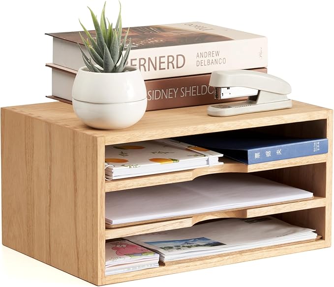 KIRIGEN Wooden Desktop Organizer, 3 Tier Solid Wood Letter Tray and Paper File Sorter for Desk, Freestanding Office Document Holder for Mail, Magazines, Folders, Natural 3KWJG-NA
