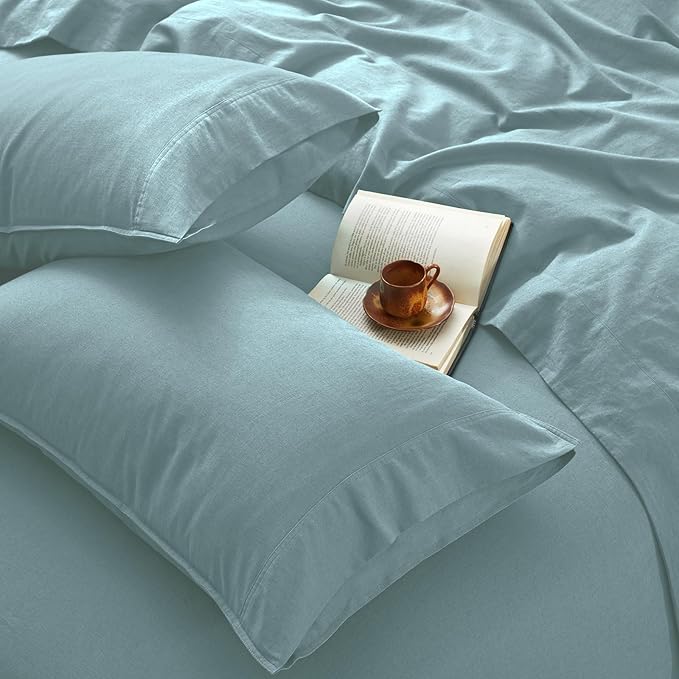 4Pcs Organic Linen Sheets Full Size, 100% French Linen from Normandy, Breathable Sky Blue Bed Sheets Full Sheet Set with 16 Inch Deep Pocket, 1 Flat Sheet, 1 Fitted Sheet, 2 Pillowcases