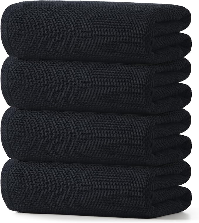 REDKISS 100% Cotton Waffle Weave Bath Towels 4 Piece - 27.5x55 Inches| Lightweight, Quick Dry & Highly Absorbent,Perfect for Spa, Gym, Travel, Guest Bathroom-Black