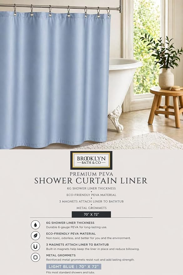 Home Expressions 6 Gauge PEVA Liner Magnetic Shower Curtain Liner 70"x72" (Light Blue)