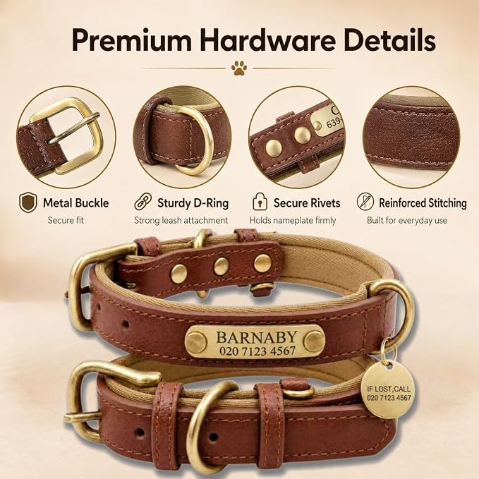 Leather Dog Collar Personalised and Leash Set, Personalized with Soft Padded Design Heavy Duty Featuring Custom Engraved Name Plate for Small Medium and Large Dogs