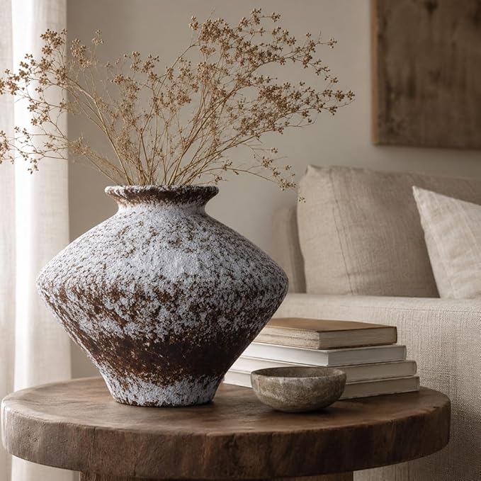 Wabi Sabi Rusty Vintage Vase, 11.4" Tall Wabi Sabi Decor Rustic Farmhouse Pottery Vase for Centerpiece, Textured Pottery Flower Vases for Home Decorative, Table, Living Room (Rusty White, Large)