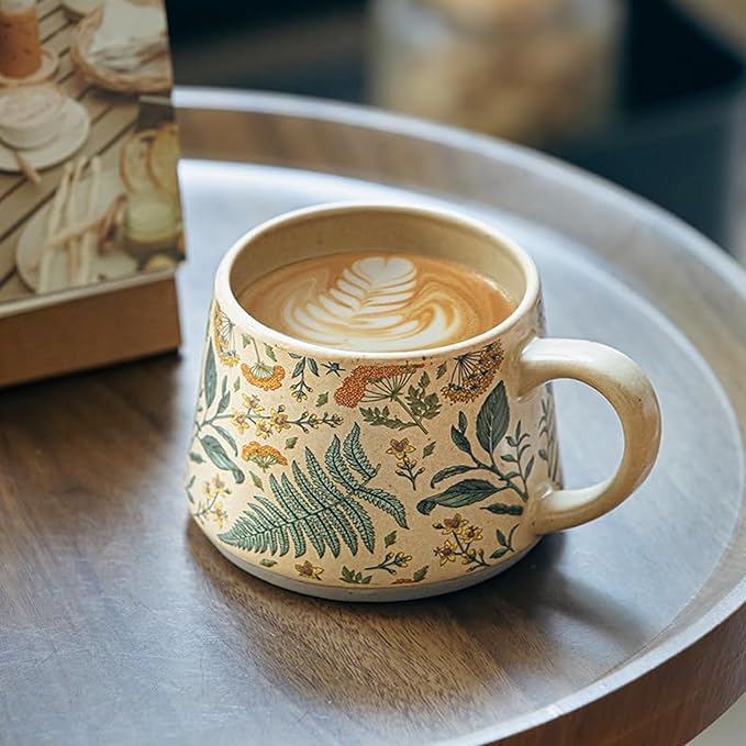 16OZ Ceramic Coffee Latte Mug, Cute Cup for Women, Ideal for Green Tea or Coffee,Hand Painted Floral Design Pottery Mug (cyan)