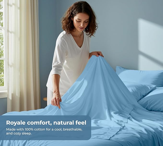 ROYALE LINENS 100% Organic Cotton Full Sheet Set - Percale Weave - 4 Pieces Set - 1 Flat, 1 Deep Pocket Fitted Sheet and 2 Pillowcases - Lake Blue Bed Sheets - Sábanas Full - Crisp Cool (Lake Blue)
