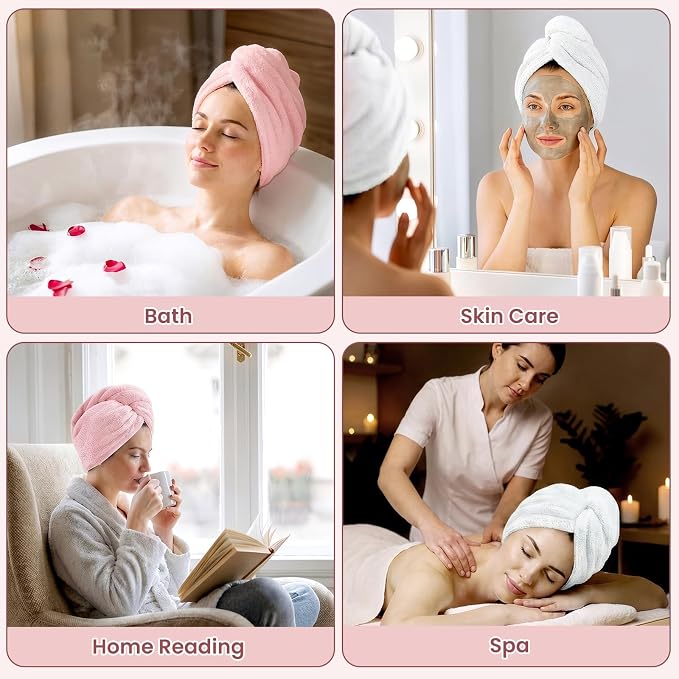 Mandydov 100% Cotton Hair Towel Wrap for Women, 2 Pack Thickened & Super Absorbent Turbans, Anti Frizz Quick Dry Hair Towels (White, Pink)