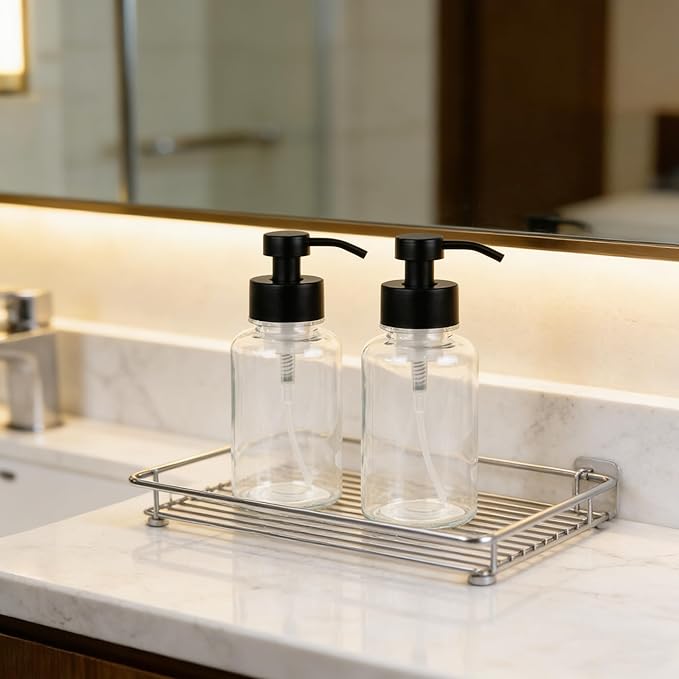 15 oz Amber-Tinted Thick Glass Foaming Soap Dispenser, Refillable Foaming Soap Dispenser with Black Rust-Proof Foam Pump, Suitable for Bathrooms and Kitchens (2, Clear)