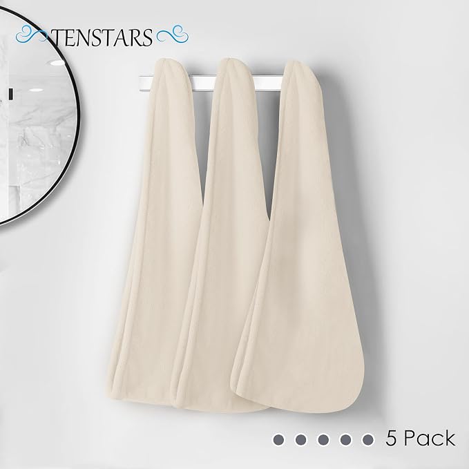 TENSTARS 5 Pack Thicken Microfiber Hair Towel Wrap for Women - Elastic Loop Design - 320GSM Coral Velvet - Quick Dry Hair Turban - 11x28 Inch (Cream)