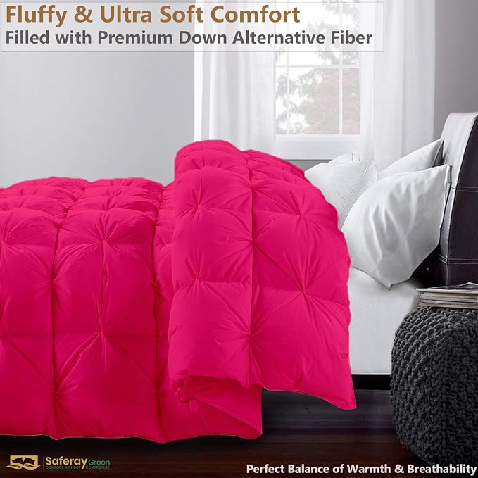 Eastern King Size Down Alternative Comforter 118x110 Inch Hot Pink – 500 GSM Ultra Soft Breathable, Luxury Pintuck Pinch Pleat, All Season Duvet Insert with Corner Tabs, Machine Washable