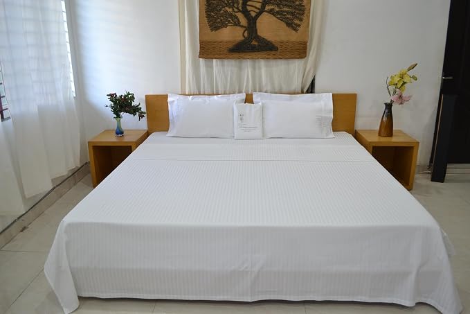 Organic Cotton Comfortable and Soft Sateen Stripe Bed Sheet Set - Luxury Hotel Quality - GOTS Certified - White - Deep Pocket - Easy Care - Queen