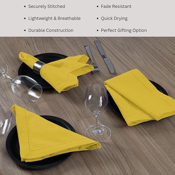 Hemstitch Cloth Dinner Napkins 100% Cotton Set of 12 - for Dining Special Occasions Weddings Parties Holidays Easter - Soft Durable Reusable - Elegant 18x18 Inch Table Cloth Napkins Yellow