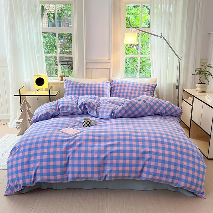 FACE TWO FACE Bedding Duvet Cover Set100% Washed Cotton Duvet Cover Linen Like Textured Breathable Durable Soft Comfy (Twin, Blue Purple Grid)