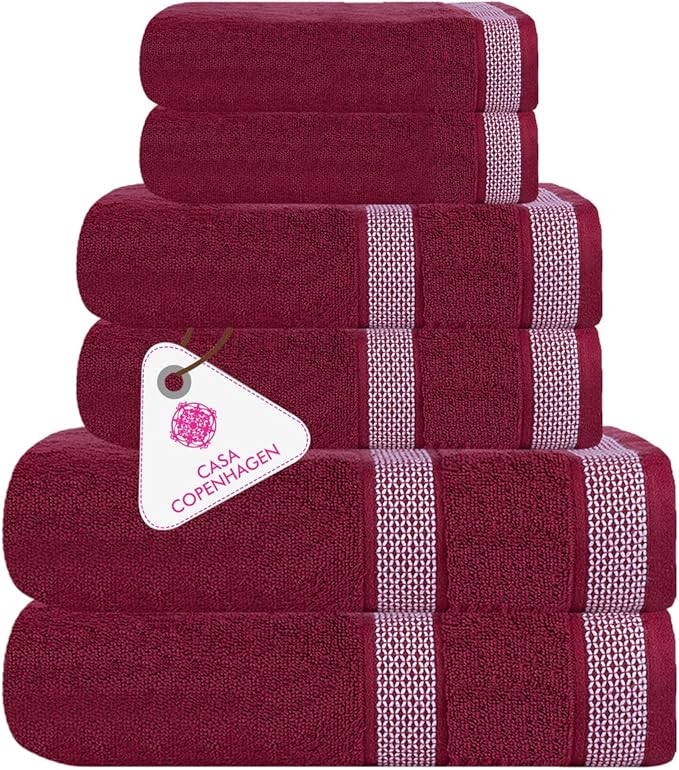 CASA COPENHAGEN Solitaire 6Pcs 100% Egyptian Cotton Large Designer Towels Gift Set- Maroon, 600GSM, 2Bath 2Hand 2Washcloths, Bath Towels for Bathroom (Box Pack, Gift Set for Women & Men)