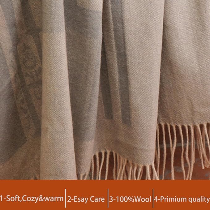 Pure Wool Jacquard Throw Blanket, Large 55x83 inches, 1.5 lbs, Soft Throw Blanket with Grey Leather Bag,Compact & Portable Large Blanket for Travel, Car, Picnic & Camping