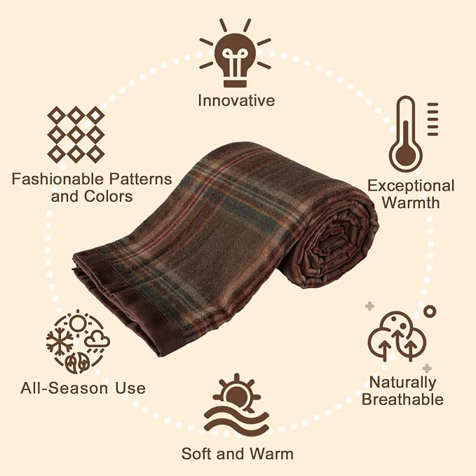 YOUR MOON 100% Pure Merino Wool Blanket King Size, Natural Australian Wool Blankets, Hypoallergenic Wool Blanket for Bed, Medium Weight(Plaid Brown, 90 * 108)