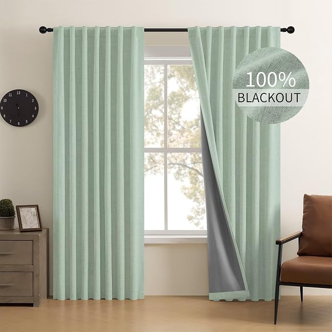 CUCRAF Custom Linen 100% Total Blackout Curtains, Sage Green Back Tab and Rod Pocket Curtain for Living Room Bedroom, Light Blocking Drapes Thermal Insulated 1 Panel (Custom Size, Color)