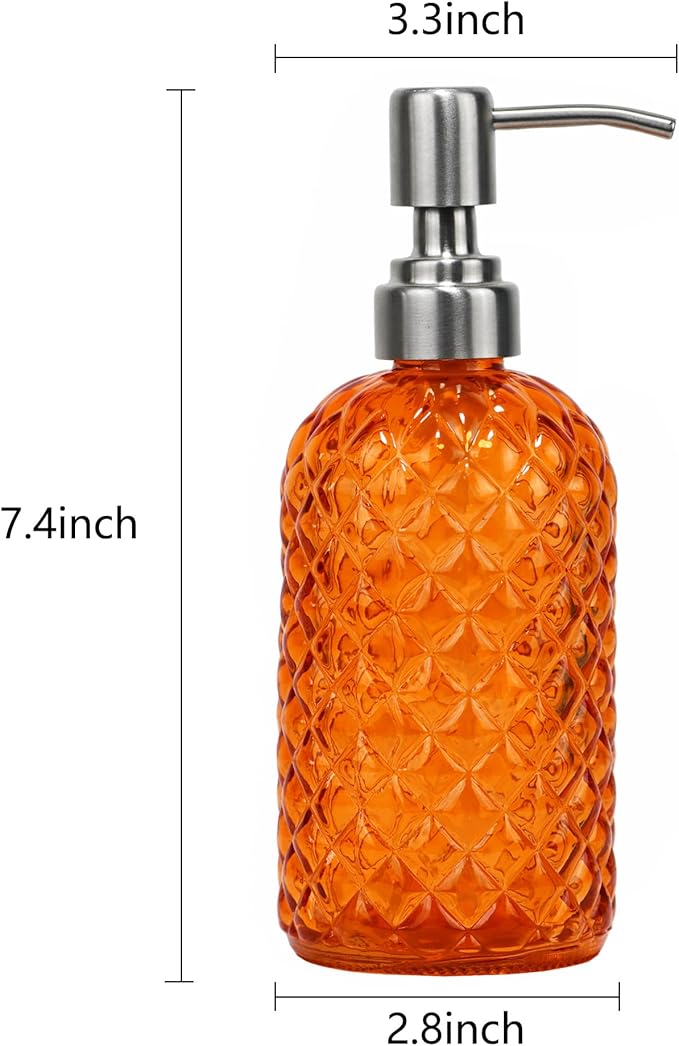 16 oz Diamond Pattern Glass Soap Dispenser, Kitchen and Bathroom Refillable Soap Dispenser with Rust Resistant Stainless Steel Pump for Hand Soap, Lotion Glass Liquid Dispenser (2pack)